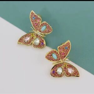 Kurt Geiger Gold Butterfly Stud Earrings with Pink and Turquoise  New Launch